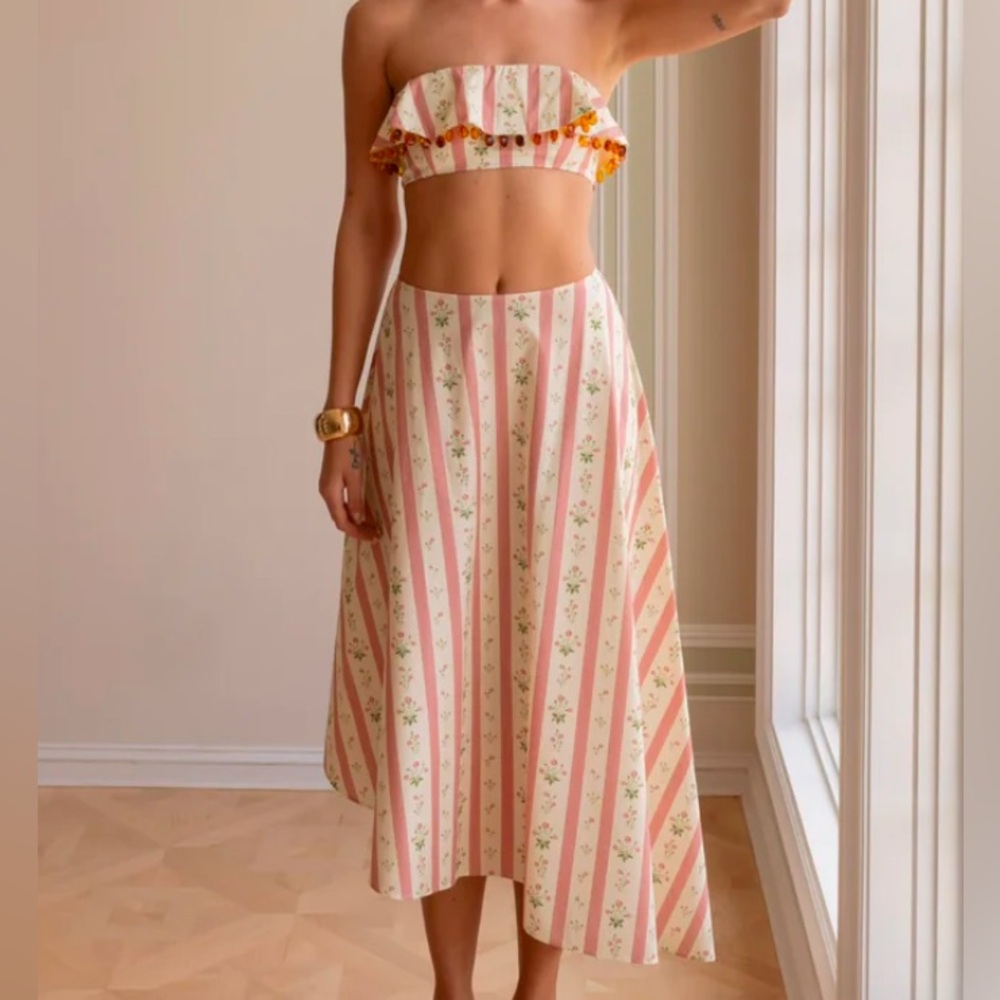 We Wore What Co-Ord Set, Asymmetrical Midi Skirt & Bandeau Top in Lemon Icing